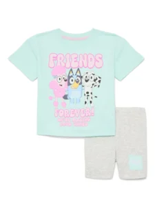 Bluey Toddler Girl s Short Sleeve Graphic Tee with Matching Ruffle Short 2 Piece 12M 5T