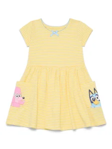 Bluey Toddler Girl s Short Sleeve Striped Dress with Graphic Pockets Sizes 12M 5T