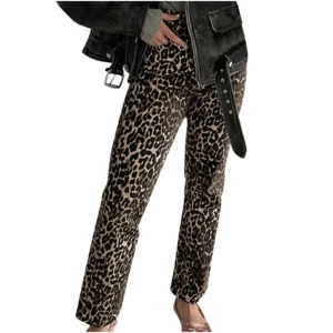 Byworldtasic Y2K Leopard Print Jeans for Women – Straight Leg Denim with Pockets