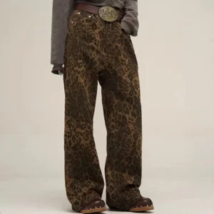Byworldtasic Y2K Leopard Print Jeans for Women – Straight Leg Denim with Pockets