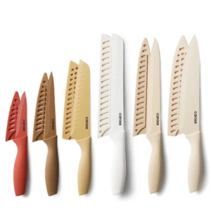 CAROTE 12 Pieces Kitchen Knife Set Stainless Steel Knife Set With Nonstick Creamic Coating Dishwasher Safe with 6 Blade Guards Anti Rust Brown