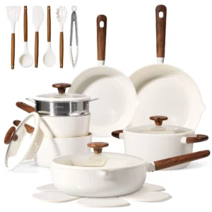 Carote 14-Piece Nonstick Cookware Set with Stay-Cool Handles – Induction Ready, Oat