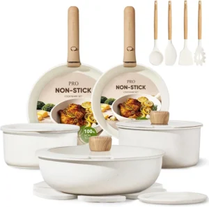 Carote 19 Pcs Nonstick Cookware Sets Pots and Pans Set with Detachable Handles Oven Safe Induction Cookware Stackable Kitchen Cooking Set White