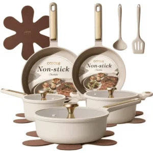 Carote Nonstick Cookware Set 14 Piece Kitchen Pots and Pans Set Stay Cool Handles Induction Compatible Cookware Set for RV and Camping Oat