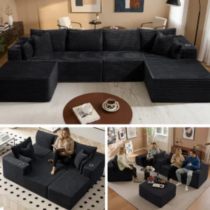 Cloud Corduroy Modular U-Shaped Sectional Couch with Ottoman and Sleeper