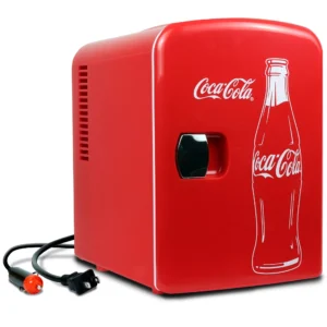 Coca Cola Classic 4L Mini Fridge w 12V DC 110V AC Cords 6 Can Portable Cooler Personal Travel Refrigerator Snacks Lunch Drinks Cosmetics Desk Home Of