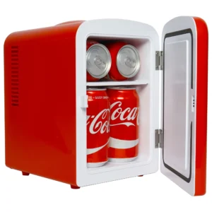 Coca Cola Classic 4L Mini Fridge w 12V DC 110V AC Cords 6 Can Portable Cooler Personal Travel Refrigerator Snacks Lunch Drinks Cosmetics Desk Home Of