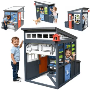 COCLUB Outdoor Tool Shed Playhouse for Kids Wooden Play House with Workbench Accessories Blue and Red Toddler Play Set Toys for Backyard