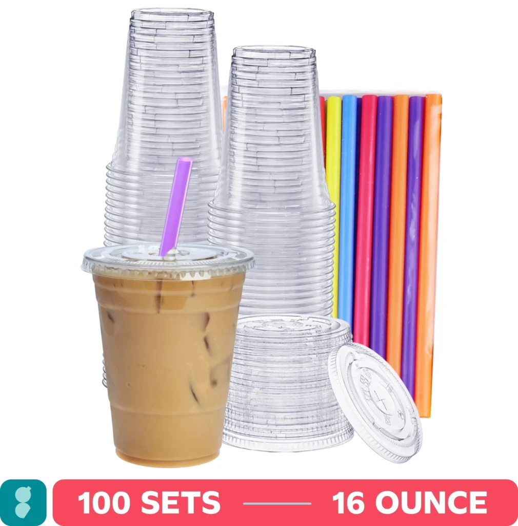 Comfy Package 16 Oz Clear Plastic Cups with Flat Lids Straws for Coffee Slushie Milkshakes 100 Pack