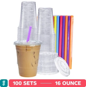 Comfy Package 16 Oz Clear Plastic Cups with Flat Lids Straws for Coffee Slushie Milkshakes 100 Pack