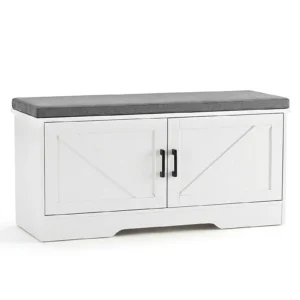 CONCETTA 39 Inch White Storage Bench with Padded Seat and Barn Doors