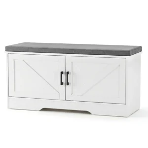 CONCETTA 39 Inch White Storage Bench with Padded Seat and Barn Doors