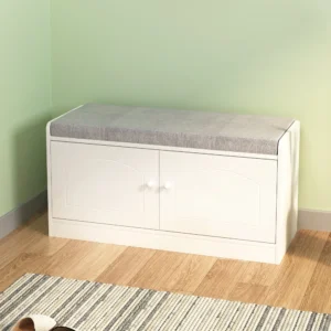 CONCETTA 39 Inch White Storage Bench with Padded Seat and Barn Doors