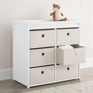 Delta Children Hayes Changing Table with Fabric Bins Bianca White Flax Bins