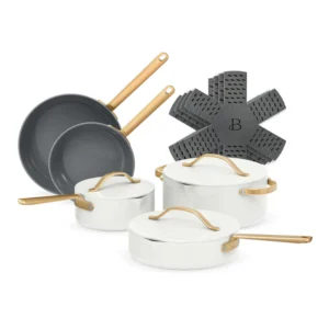 Drew Barrymore 12-Piece Ceramic Non-Stick Cookware Set – Elegant White Icing