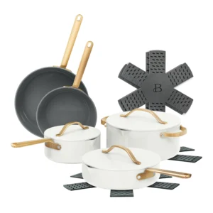 Drew Barrymore 12-Piece Ceramic Non-Stick Cookware Set – Elegant White Icing
