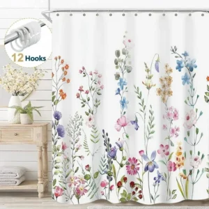 Dznils White Floral Watercolor Shower Curtain – 72×72 with Hooks