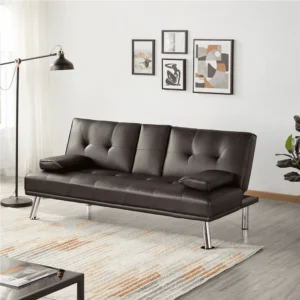 Easyfashion Faux Leather Futon with Cupholders – Espresso, Includes Pillows