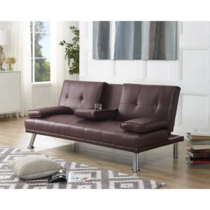 Easyfashion Faux Leather Futon with Cupholders – Espresso, Includes Pillows