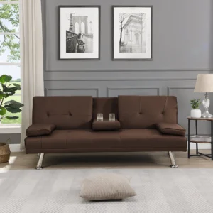Easyfashion Faux Leather Futon with Cupholders – Espresso, Includes Pillows