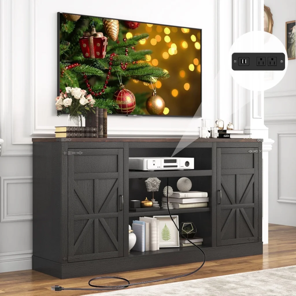 Farmhouse TV Stand for 65-75 inch TVs with Power Outlet, 33″