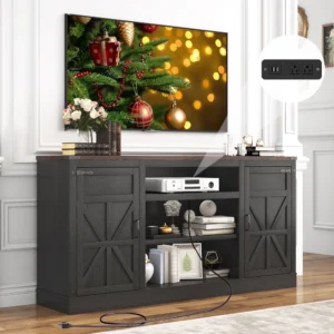 Farmhouse TV Stand for 65-75 inch TVs with Power Outlet, 33″