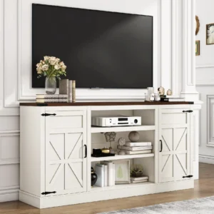 Farmhouse TV Stand for 75″ TVs – 33″ Tall with Charging Station
