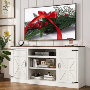 Farmhouse TV Stand for 75″ TVs – 33″ Tall with Charging Station