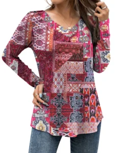 FOLUNSI Plus Size Flowy Tunic Top – Long Sleeve Casual Blouse