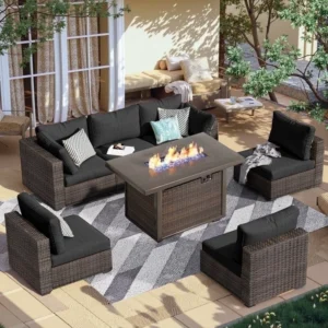 Gaildon 7-Piece Fire Pit Patio Set – Weather-Resistant Rattan