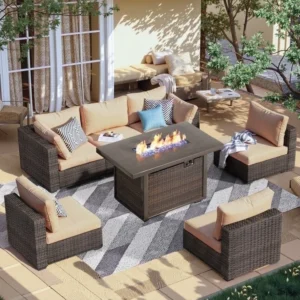 Gaildon 7-Piece Fire Pit Patio Set – Weather-Resistant Rattan