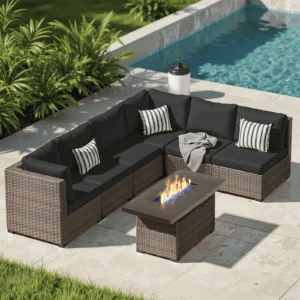 Gaildon 7-Piece Fire Pit Patio Set – Weather-Resistant Rattan