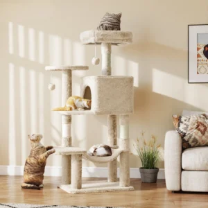 GIANNA 44-Inch Cat Tower with Condo & Ladder – Black/Red