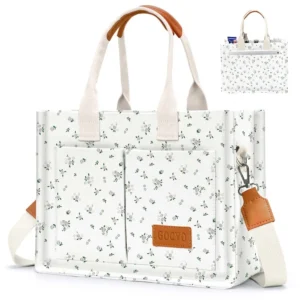 Gocvo Canvas Tote Bag for Women Large Multi Pocket Shoulder Handbag Crossbody Messenger Bag Retro Flower