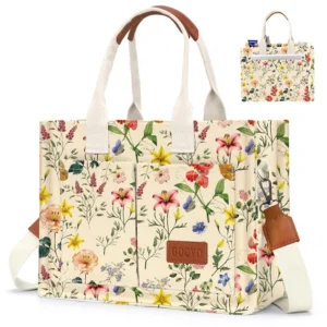 Gocvo Large Canvas Tote Bag – Retro Flower Multi-Pocket Shoulder Bag