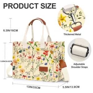 Gocvo Large Canvas Tote Bag – Retro Flower Multi-Pocket Shoulder Bag