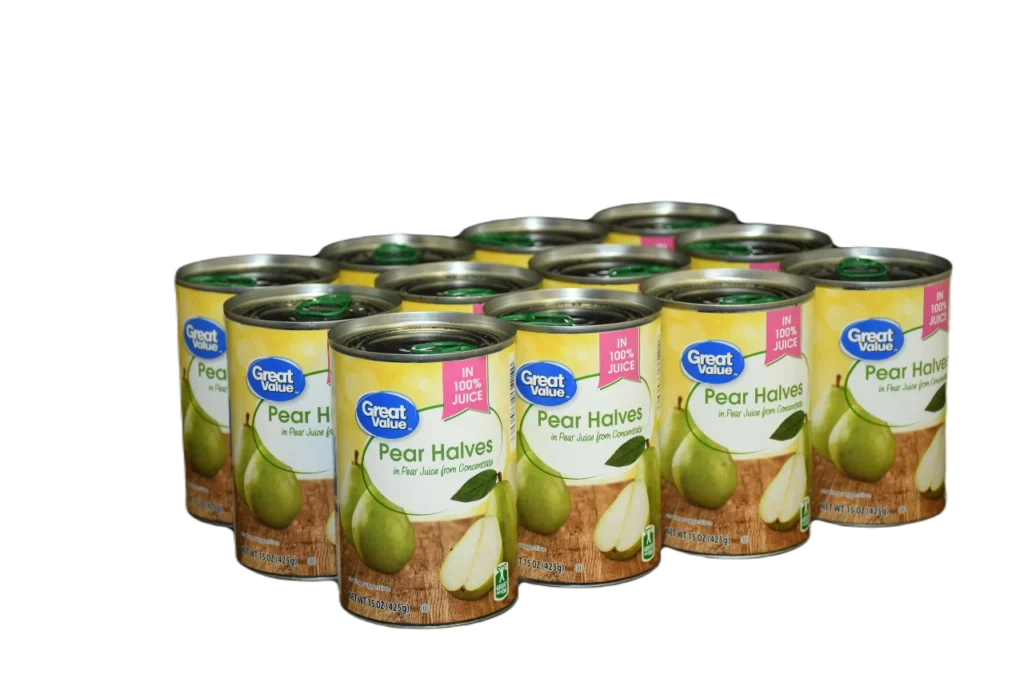 Great Value Pear Halves in 100% Juice – 15 oz Cans Bulk Pack — alternate angle showing full product