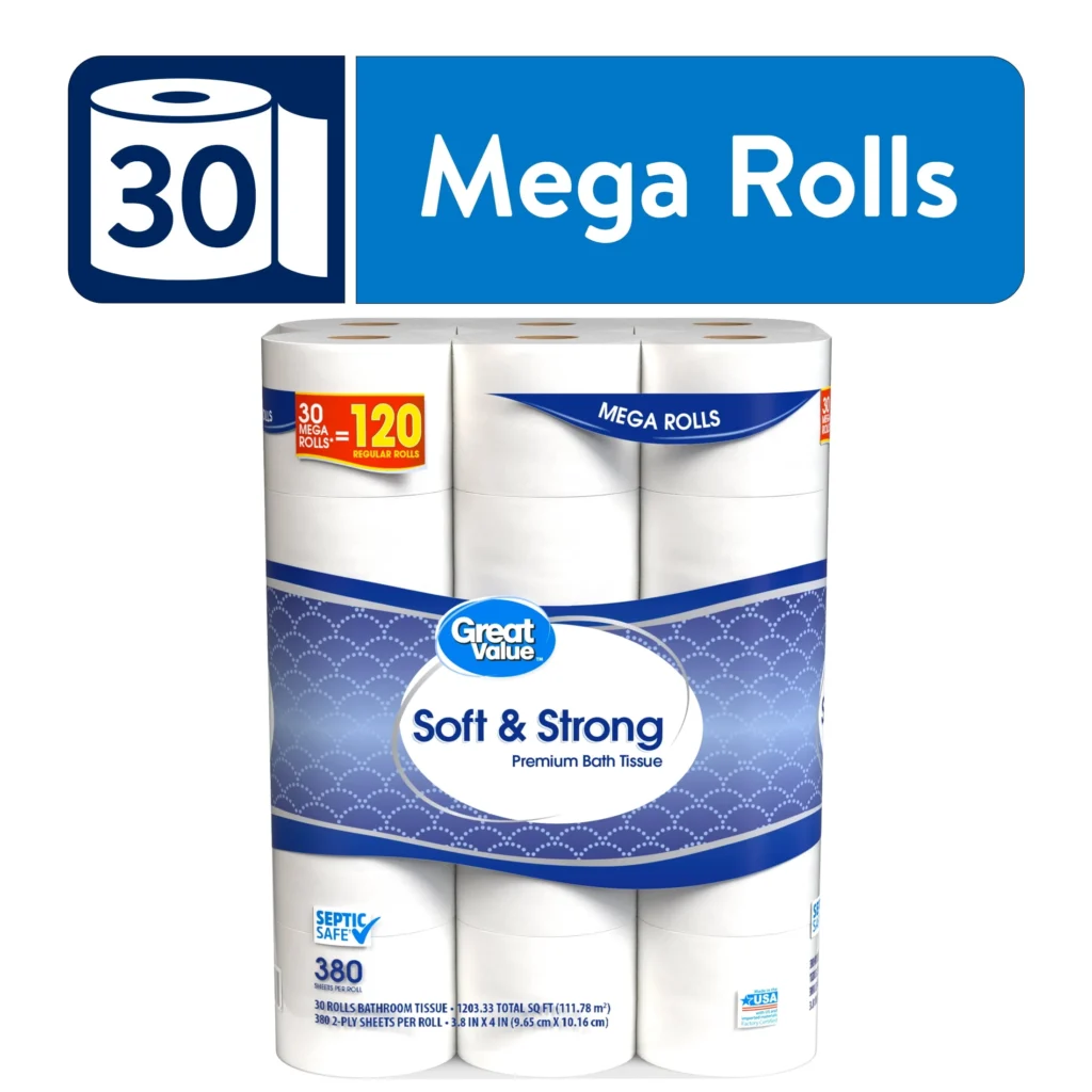 Great Value Soft & Strong Toilet Paper – 30 Mega Rolls, 2-Ply