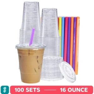 GUSTO 16 oz Clear Plastic Cups with Lids & Straws – 100-Pack Value Set