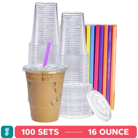 GUSTO 16 oz Clear Plastic Cups with Lids & Straws – 100-Pack Value Set