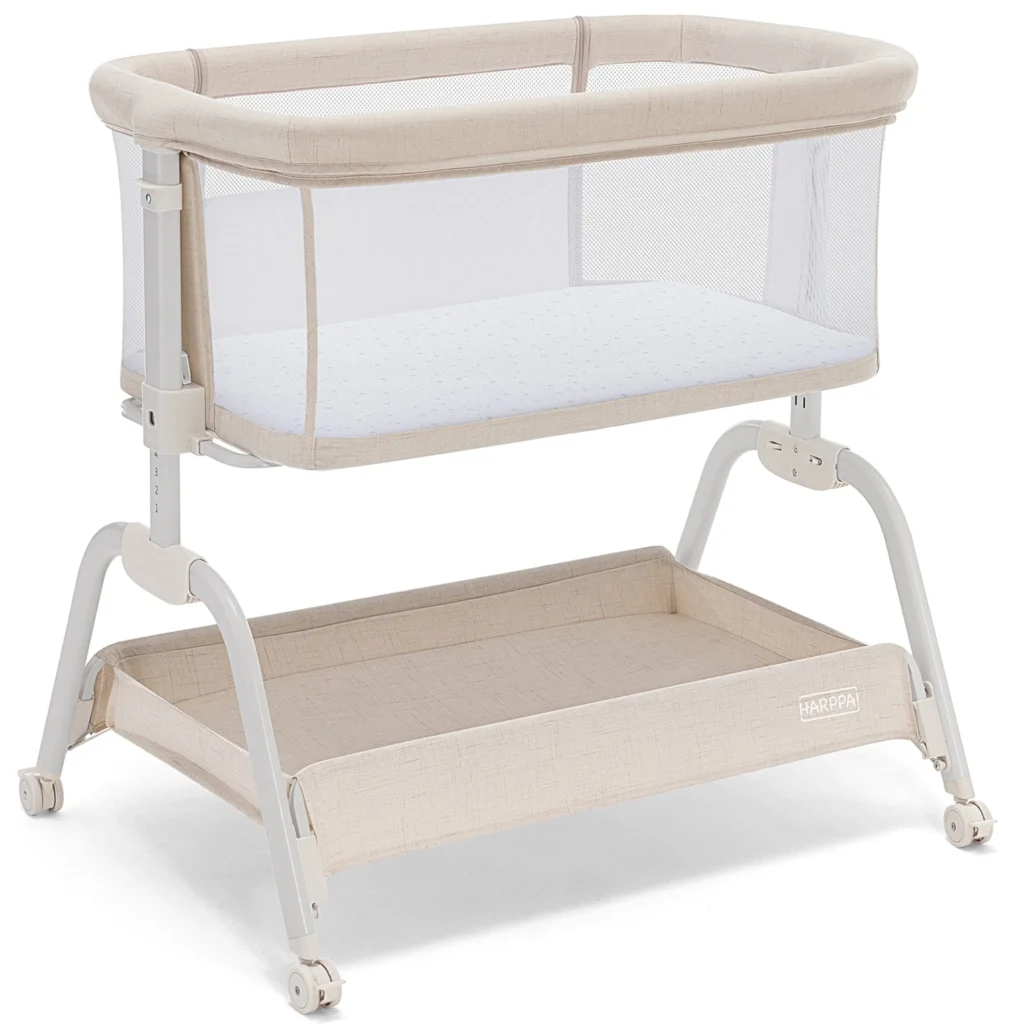 HARPPA Baby Bassinet 6 Height Adjustable Newborn Baby Bassinet with Storage Wheels Beige