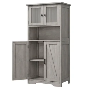 HOMCOM 50in Tall Bathroom Cabinet with Glass Doors – Farmhouse Style