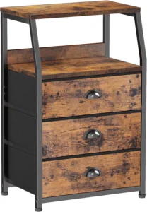 Homdirect 3-Drawer Fabric Nightstand with Shelf – Sturdy Steel Frame & Wood Top