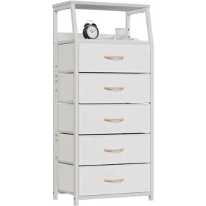Homdirect 3-Drawer Fabric Nightstand with Shelf – Sturdy Steel Frame & Wood Top