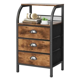 Homdirect 3-Drawer Fabric Nightstand with Shelf – Sturdy Steel Frame & Wood Top