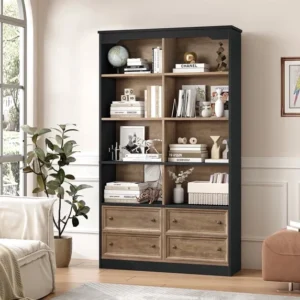 Homfa Double Row 4 tier Bookcases Floor Standing 8 Display Storage Cubicles 71 Tall Bookcase 2 Drawers Home Office Living Room Natural Oak