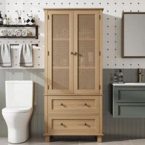 Homfa Rattan Door Bathroom Cabinet with 2 Drawers – Oak Linen Storage