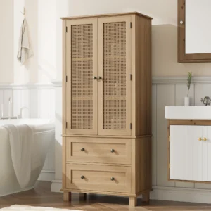 Homfa Rattan Door Bathroom Cabinet with 2 Drawers – Oak Linen Storage