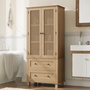 Homfa Rattan Door Bathroom Cabinet with 2 Drawers – Oak Linen Storage