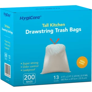 HygiCare 13 Gallon Tall Kitchen Drawstring Trash Bags, 200 Count, Fresh